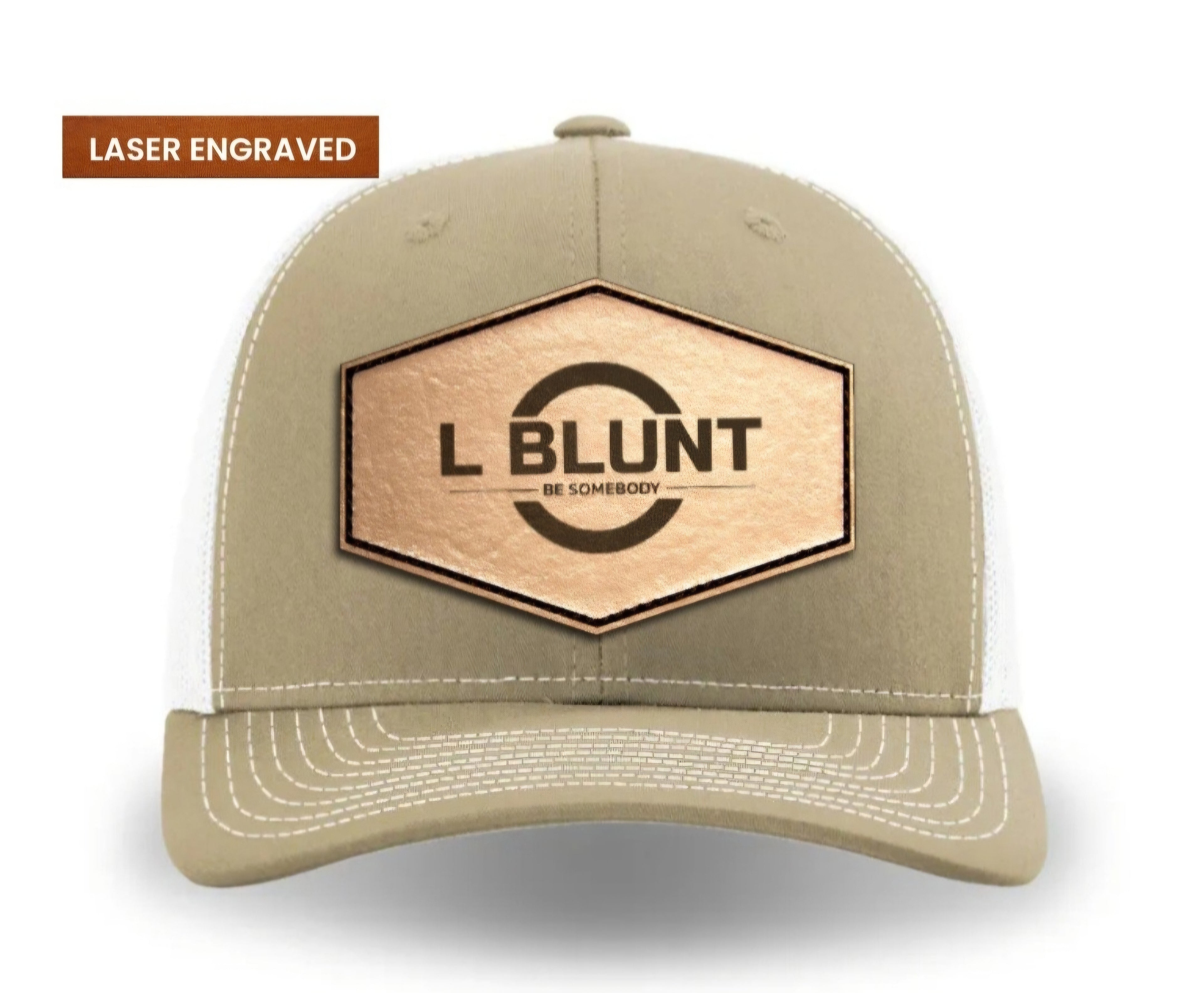 Khaki & White Leather Patch Snapback Hat
