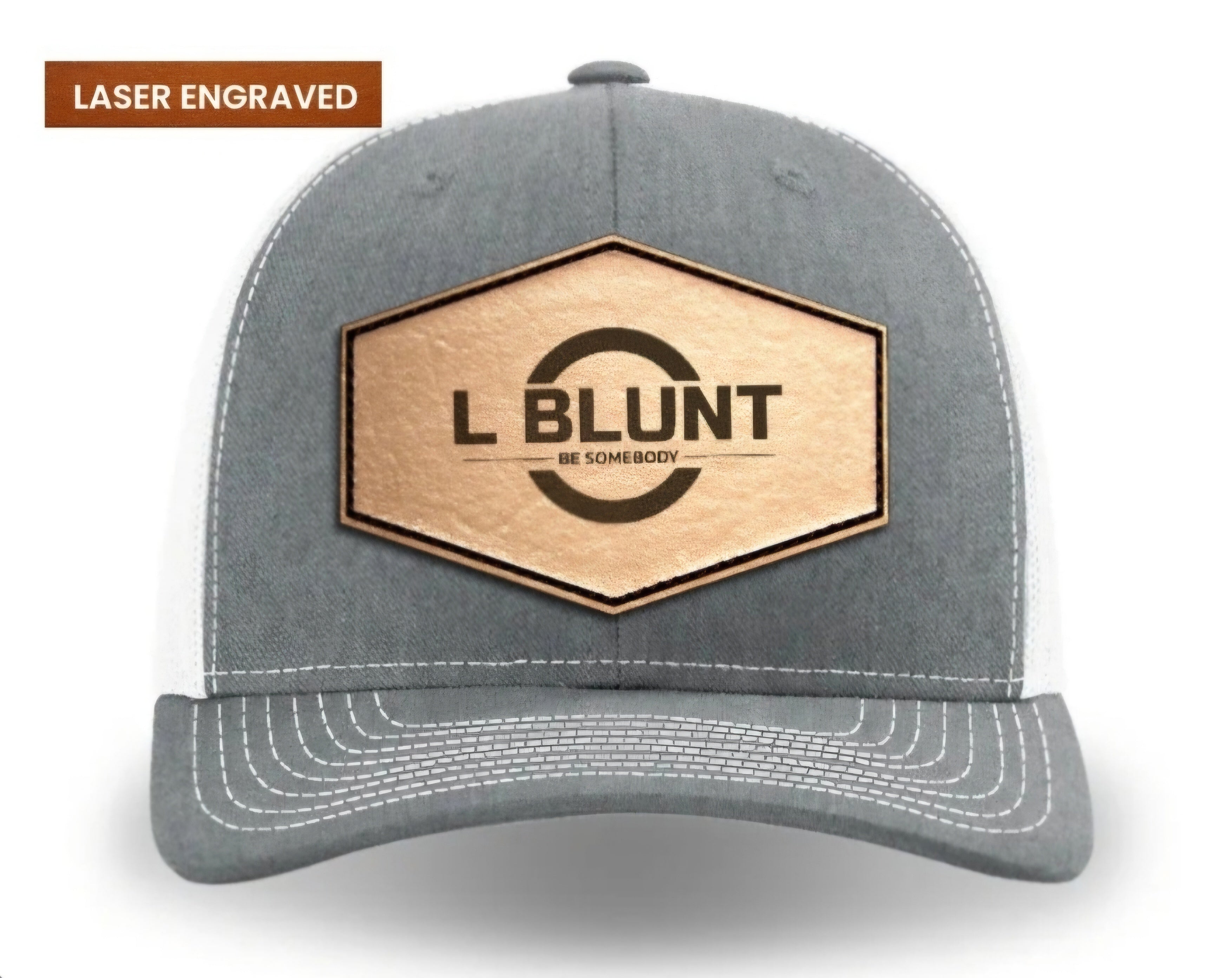 Grey & White Leather Patch Snapback Hat